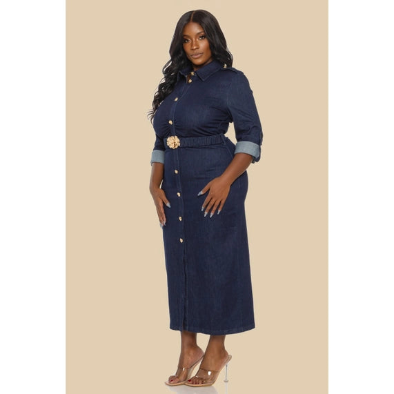 Plus Elastic Belt Midi Stretch Denim Dress