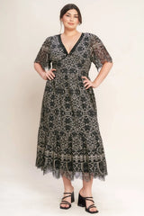 Flying Tomato Plus Size V neckline Woven Lace Midi Dress - Black