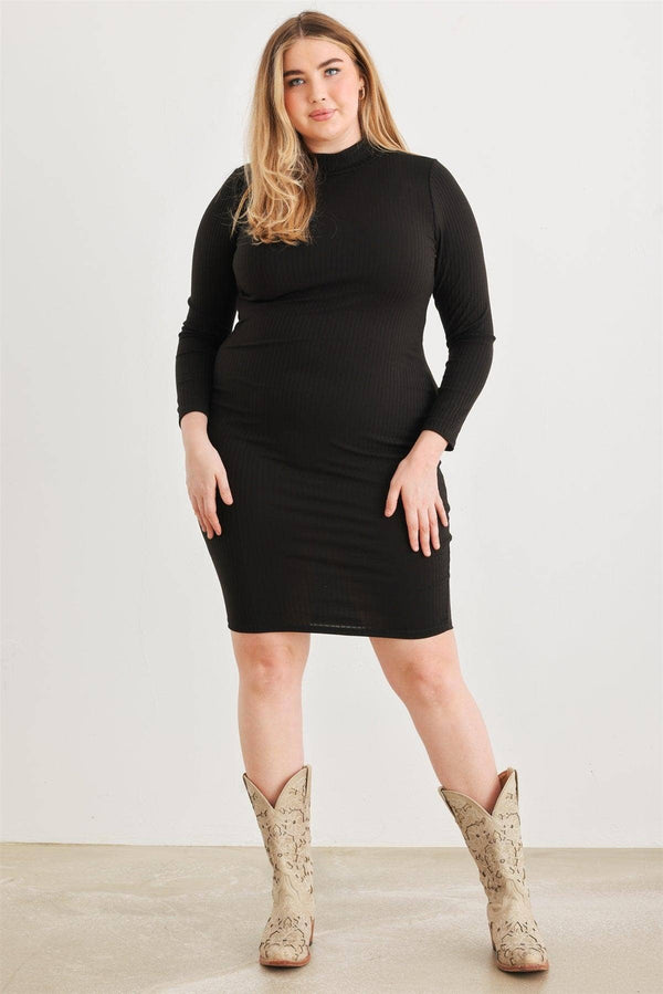 Tasha Apparel Plus Size Chic Open Back Ribbed Bodycon Midi Dress - Black