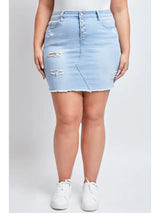 YMI Plus Exposed Button Fray Hem Skirt - Light Blue