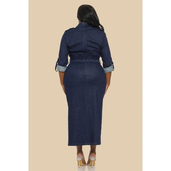 DORCAS Plus Elastic Belt Midi Stretch Denim Dress