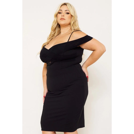 DORCAS Pleated Detail Open Shoulder Plus Size Mini Dress - Black
