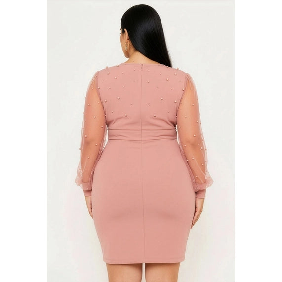 DORCAS Plus Size Pearl Beaded On Mesh Mini Dress