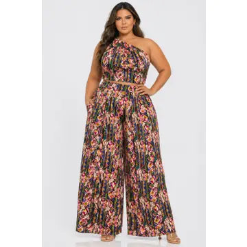 D.ROCK Plus Size Set Long Wide Legs Pants and Sleeveless Tops A Bow