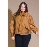 FLYING TOMATO Plus Solid Bow Tie Organza Top - Camel