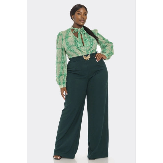 DORCAS Plus Front Necktie Long Sleeve Gold Belt Jumpsuit