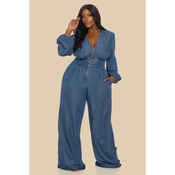 DORCAS Plus Lsv Washed Dark Denim Jumpsuit