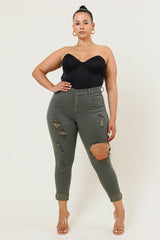 Vibrant M.i.U Plus Freebird Destroyed Skinny Jeans - Olive