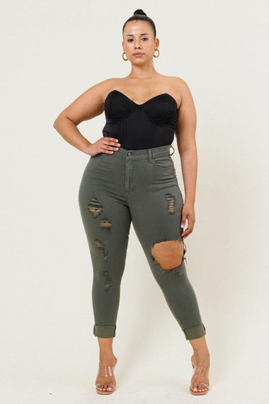 Vibrant M.i.U Plus Freebird Destroyed Skinny Jeans - Olive