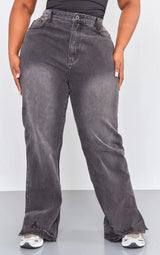 PrettyLittleThing Plus Ripped Split Hem Straight Leg Jeans - Washed Black