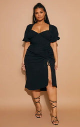 PrettyLittleThing Plus Puff Sleeve Ruched Split Side Midi Dress - Black