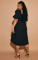 PrettyLittleThing Plus Puff Sleeve Ruched Split Side Midi Dress - Black