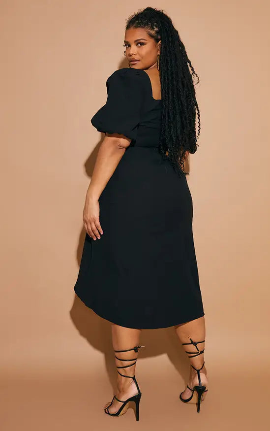 PrettyLittleThing Plus Puff Sleeve Ruched Split Side Midi Dress - Black