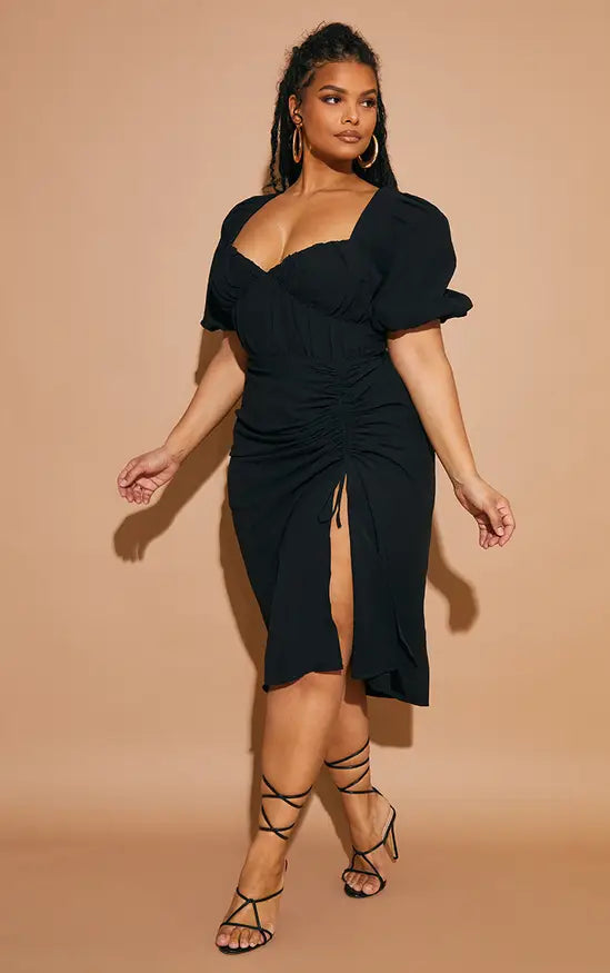 PrettyLittleThing Plus Puff Sleeve Ruched Split Side Midi Dress - Black