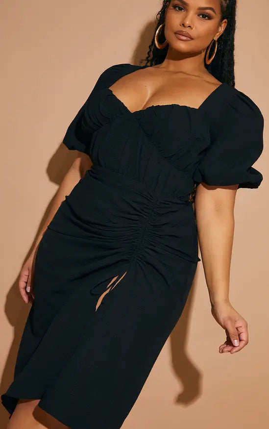 PrettyLittleThing Plus Puff Sleeve Ruched Split Side Midi Dress - Black
