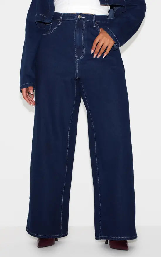 PrettyLittleThing Plus Contrast Stitch Wide Leg Jeans - Indigo