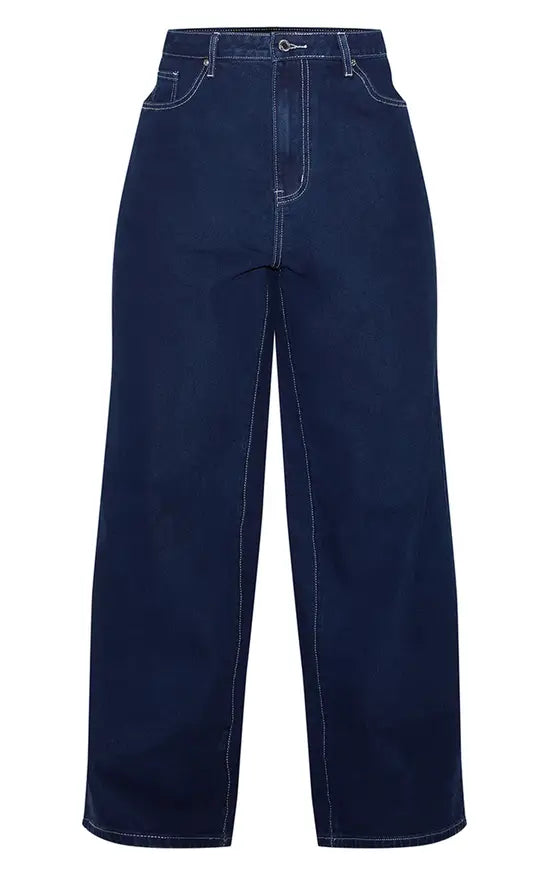 PrettyLittleThing Plus Contrast Stitch Wide Leg Jeans - Indigo