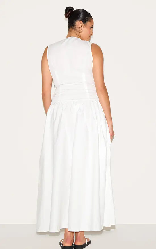 Plus Button Down Drop Waist Maxi Dress - White