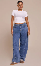 PrettyLittleThing Plus Seam Detail Relaxed Wide Leg Jeans - Mid Blue Wash