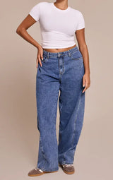 PrettyLittleThing Plus Seam Detail Relaxed Wide Leg Jeans - Mid Blue Wash