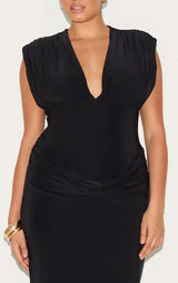 PrettyLittleThing Plus Double Layer Plunge Ruched Shoulder Drape Waist Maxi Dress - Black