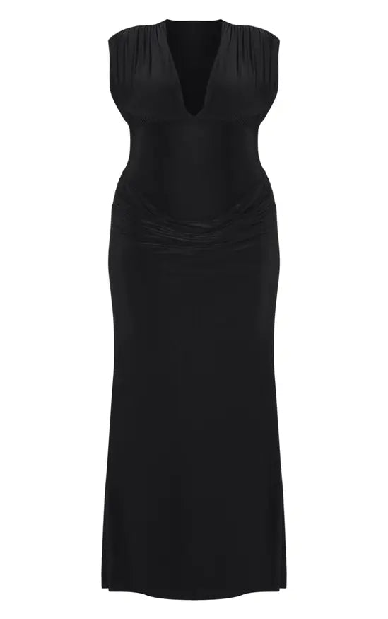 PrettyLittleThing Plus Double Layer Plunge Ruched Shoulder Drape Waist Maxi Dress - Black