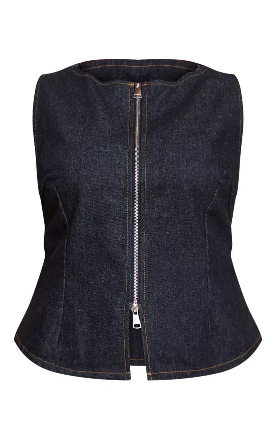 PrettyLittleThing Plus Raw Indigo Wash Zip Detail Sleeveless Denim Top - Raw Indigo Wash