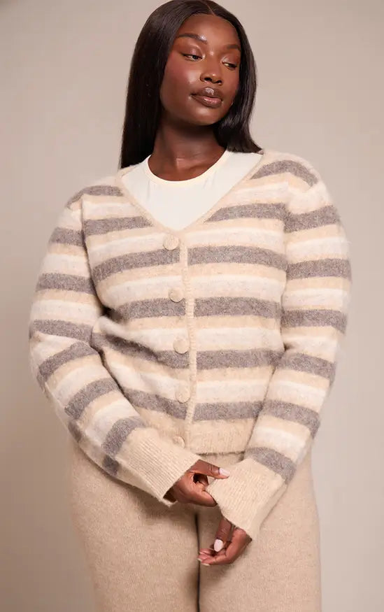 PrettyLittleThing Plus Beige Striped Brushed V Neck Covered Button Knitted Cardigan - Beige