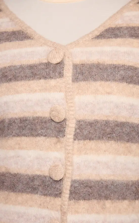 PrettyLittleThing Plus Beige Striped Brushed V Neck Covered Button Knitted Cardigan - Beige