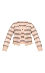 PrettyLittleThing Plus Beige Striped Brushed V Neck Covered Button Knitted Cardigan - Beige