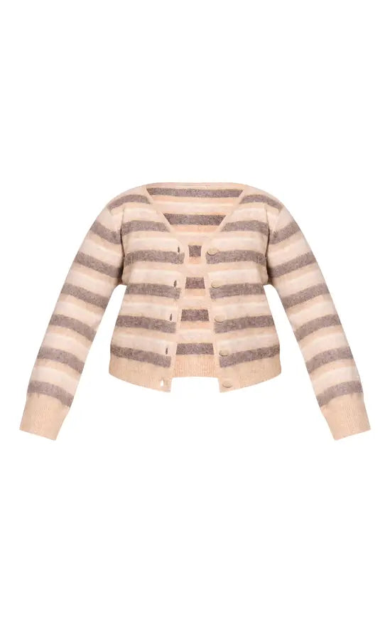 PrettyLittleThing Plus Beige Striped Brushed V Neck Covered Button Knitted Cardigan - Beige