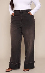 PrettyLittleThing Plus Washed Black Turn Up Wide Leg Jeans - Washed Black