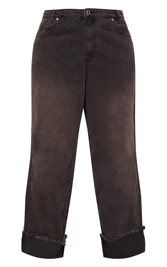 PrettyLittleThing Plus Washed Black Turn Up Wide Leg Jeans - Washed Black