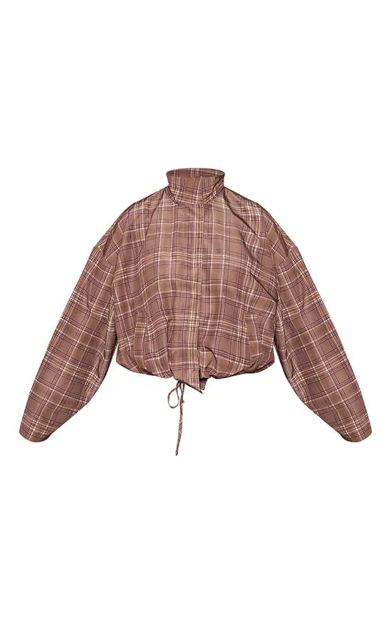 PrettyLittleThing Plus Brown Check Button Up Jacket - Brown Check