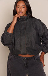 PrettyLittleThing Plus Funnel Neck Concealed Placket Denim Jacket - Indigo