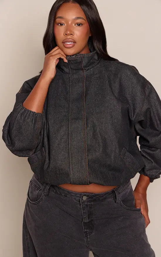 PrettyLittleThing Plus Funnel Neck Concealed Placket Denim Jacket - Indigo