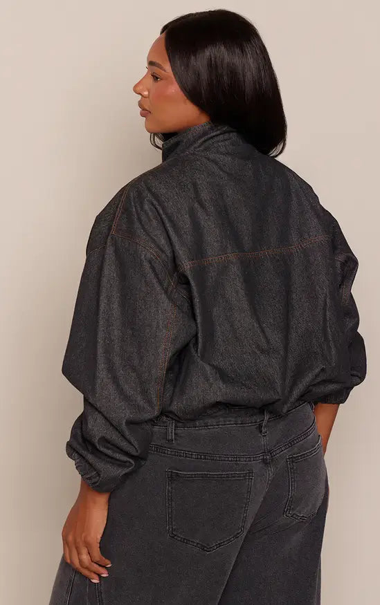 PrettyLittleThing Plus Funnel Neck Concealed Placket Denim Jacket - Indigo