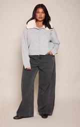 PrettyLittleThing Plus Grey Faux Fur Collar Button Down Cropped Cardigan -Grey