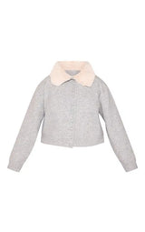 PrettyLittleThing Plus Grey Faux Fur Collar Button Down Cropped Cardigan -Grey