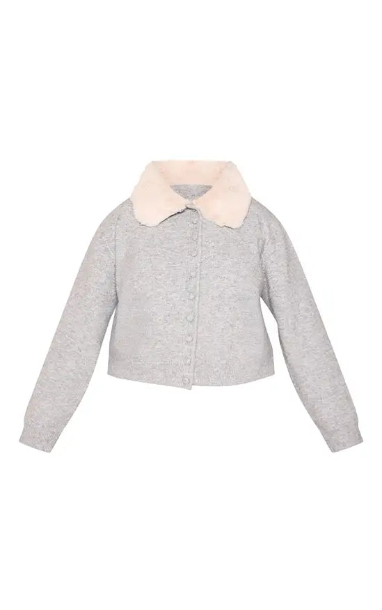 PrettyLittleThing Plus Grey Faux Fur Collar Button Down Cropped Cardigan -Grey