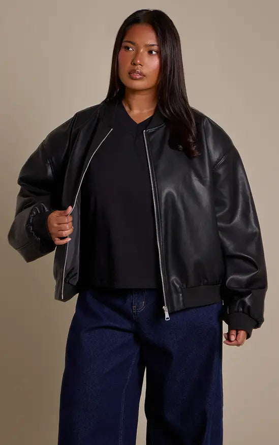 PrettyLittleThing Plus Shoulder Padded Rib Collar PU Jacket - Black