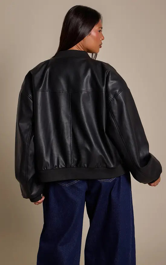 PrettyLittleThing Plus Shoulder Padded Rib Collar PU Jacket - Black