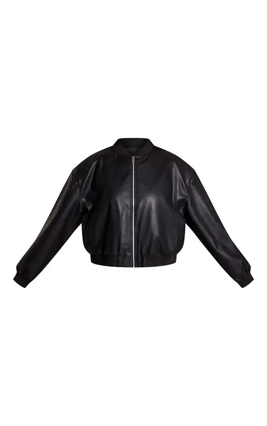 PrettyLittleThing Plus Shoulder Padded Rib Collar PU Jacket - Black
