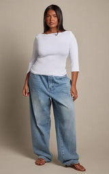 PrettyLittleThing Plus Mid Blue Wash High Waist Boyfriend Jeans - Mid Blue Wash