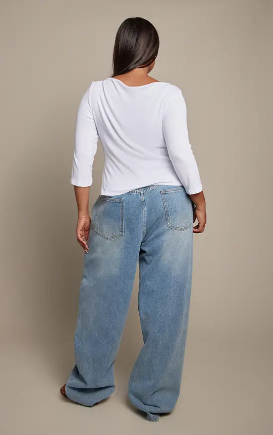 PrettyLittleThing Plus Mid Blue Wash High Waist Boyfriend Jeans - Mid Blue Wash