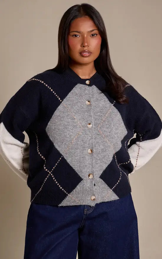 PrettyLittleThing Plus Argyle Button Down Knitted Cardigan - Navy