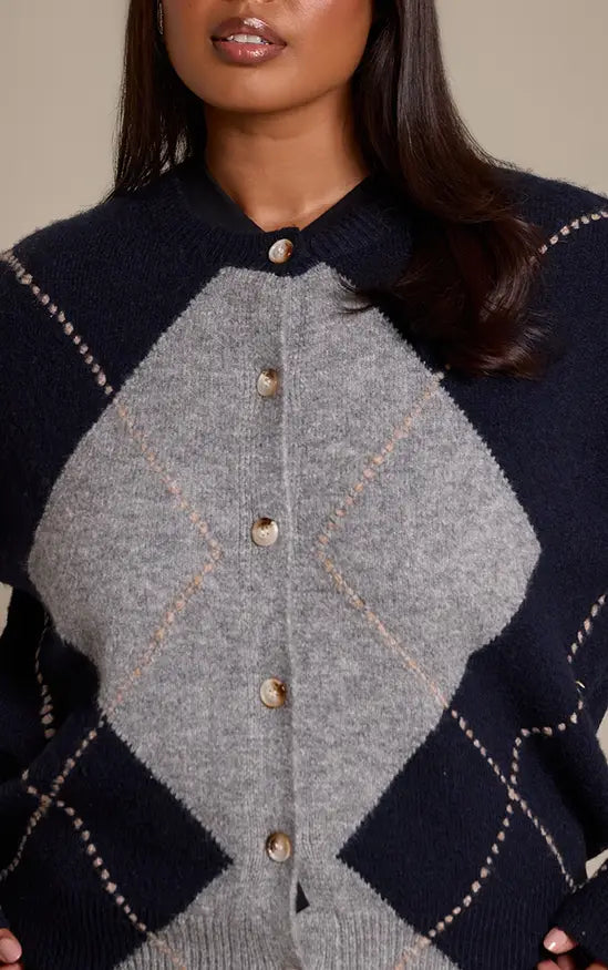 PrettyLittleThing Plus Argyle Button Down Knitted Cardigan - Navy