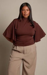 PrettyLittleThing Plus Chocolate Slinky High Neck Top - Chocolate