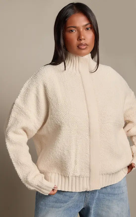 PrettyLittleThing Plus Cream Funnel Neck Concealed Placket Boucle Zip Up Jumper - Cream