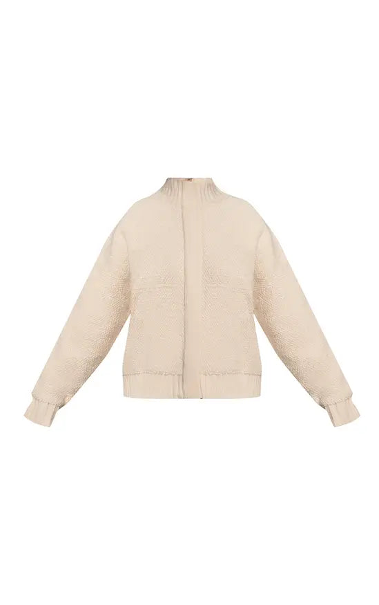 PrettyLittleThing Plus Cream Funnel Neck Concealed Placket Boucle Zip Up Jumper - Cream